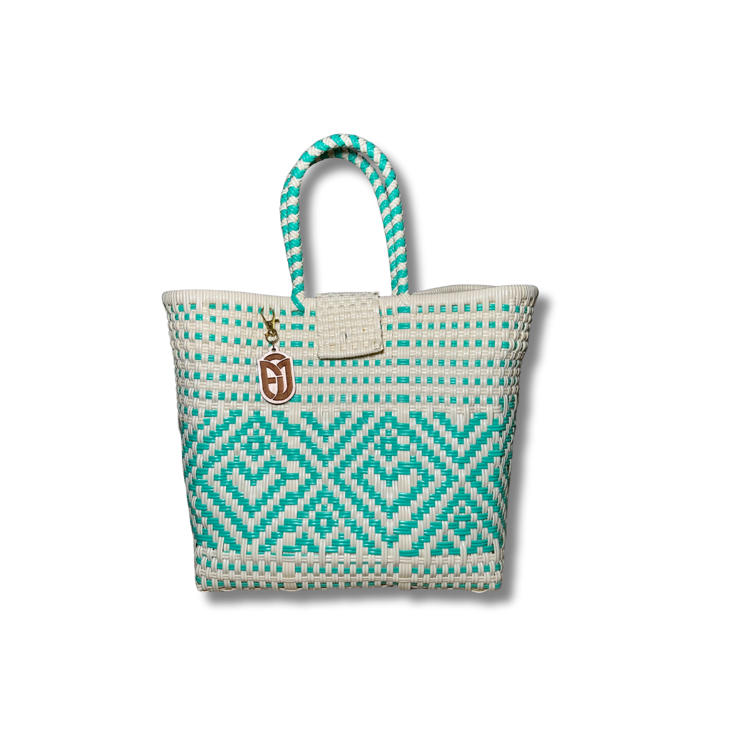 Small Tote Handwoven- aqua & beige