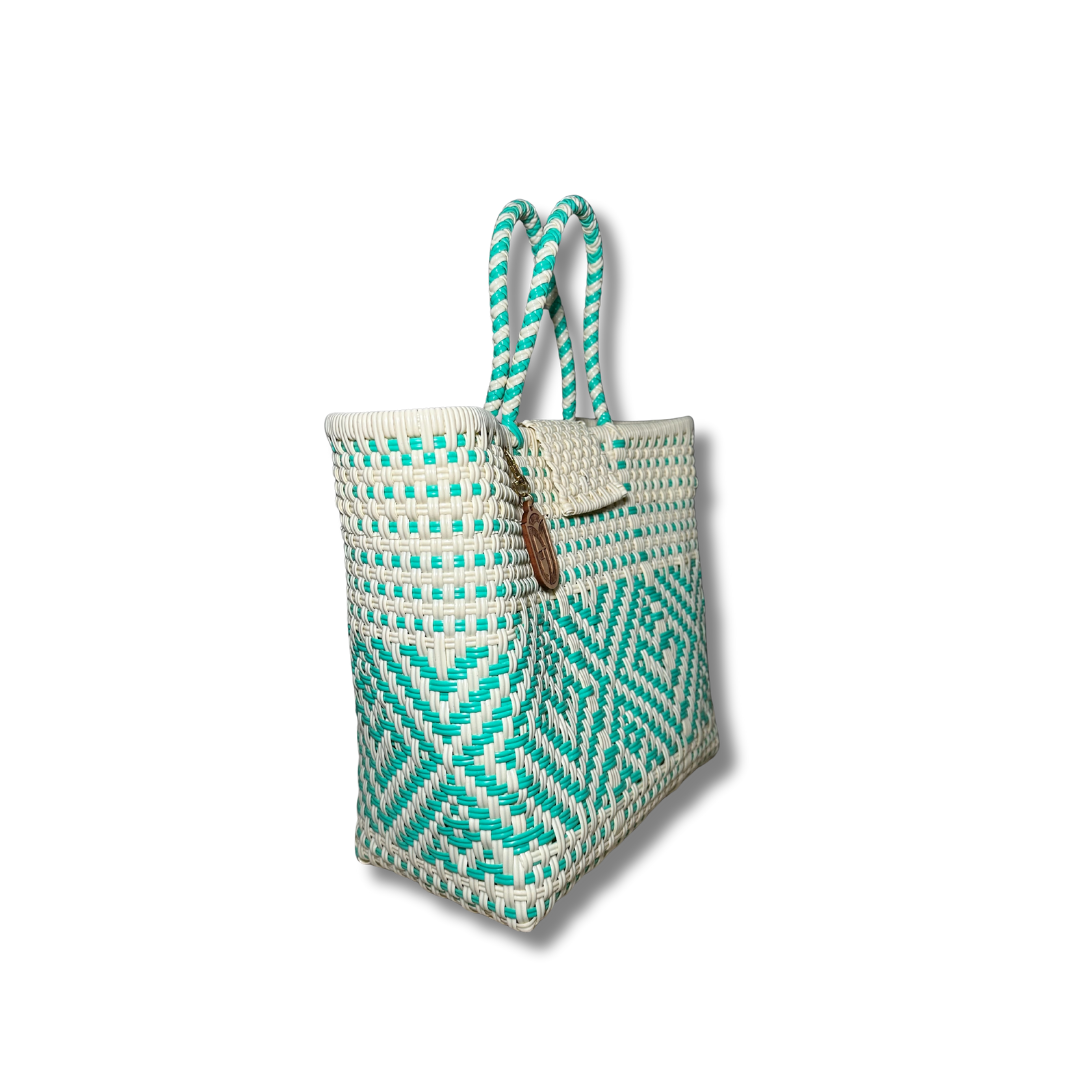 Small Tote Handwoven- aqua & beige