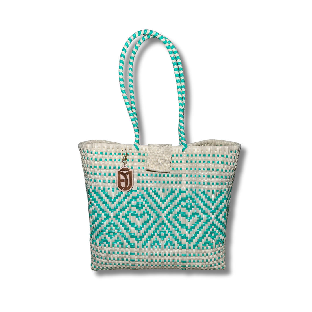 Medium Tote Handwoven- aqua & beige