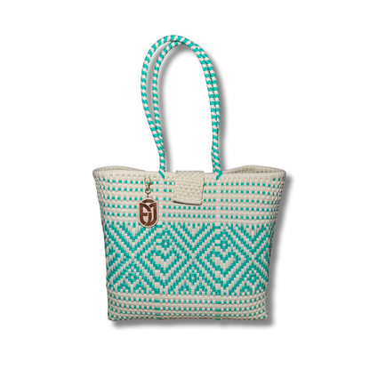 Medium Tote Handwoven- aqua & beige