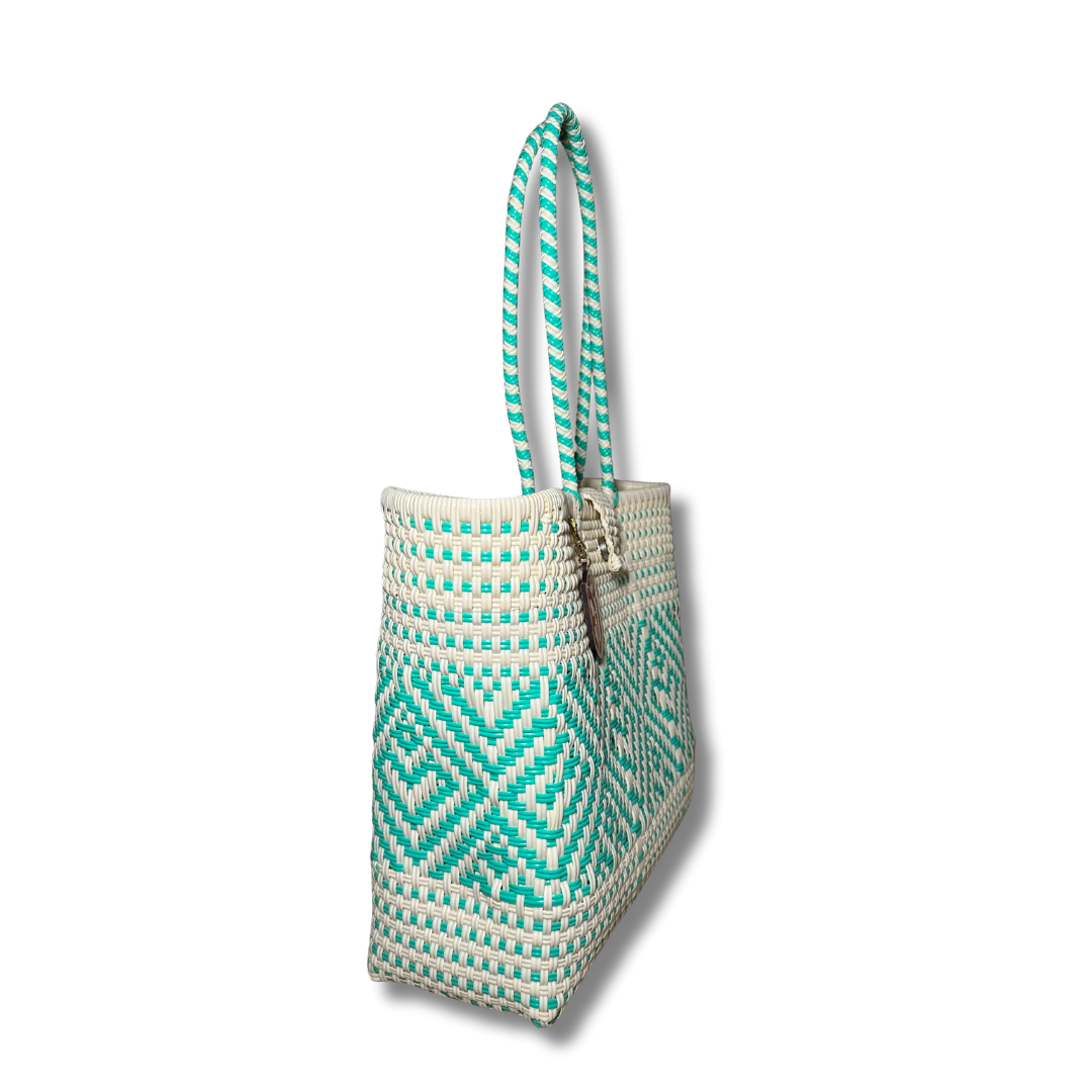 Medium Tote Handwoven- aqua & beige