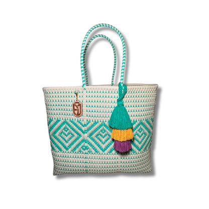 Weekender Tote Handwoven- aqua & beige