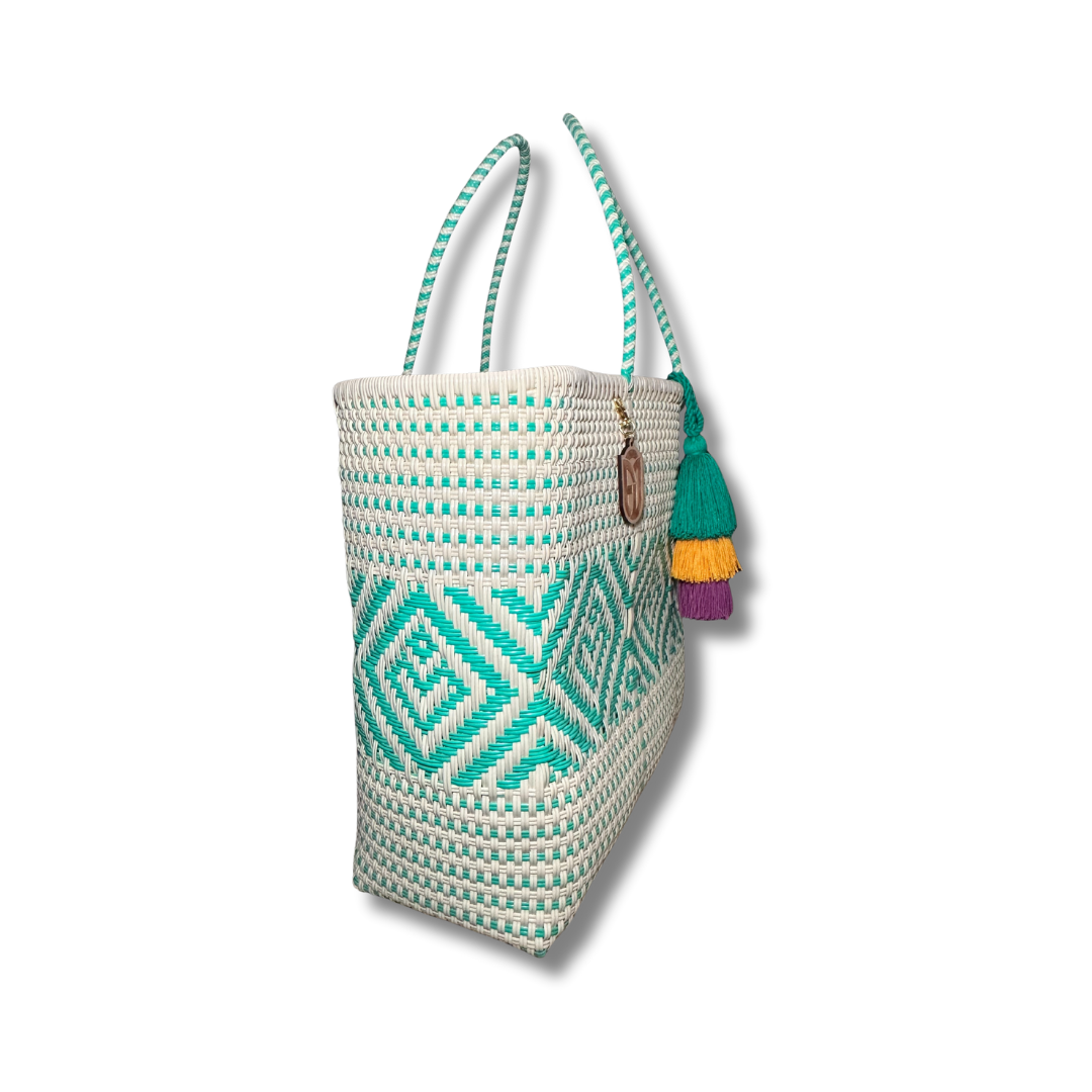 Weekender Tote Handwoven- aqua & beige