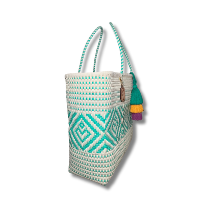 Weekender Tote Handwoven- aqua & beige